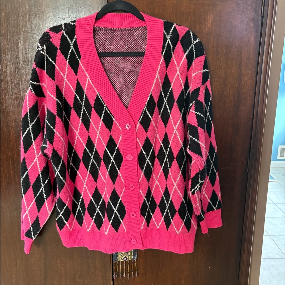 SHEIN Pink and Black Argyle Cardigan Sz 1xl button down sweater